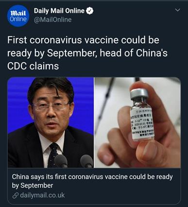 چین: واکسن ضد کرونا ممکن است سپتامبر ( شهریور) آماده شود