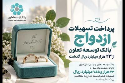 پرداخت تسهیلات ازدواج بانک توسعه تعاون از 23 هزار میلیارد ریال گذشت